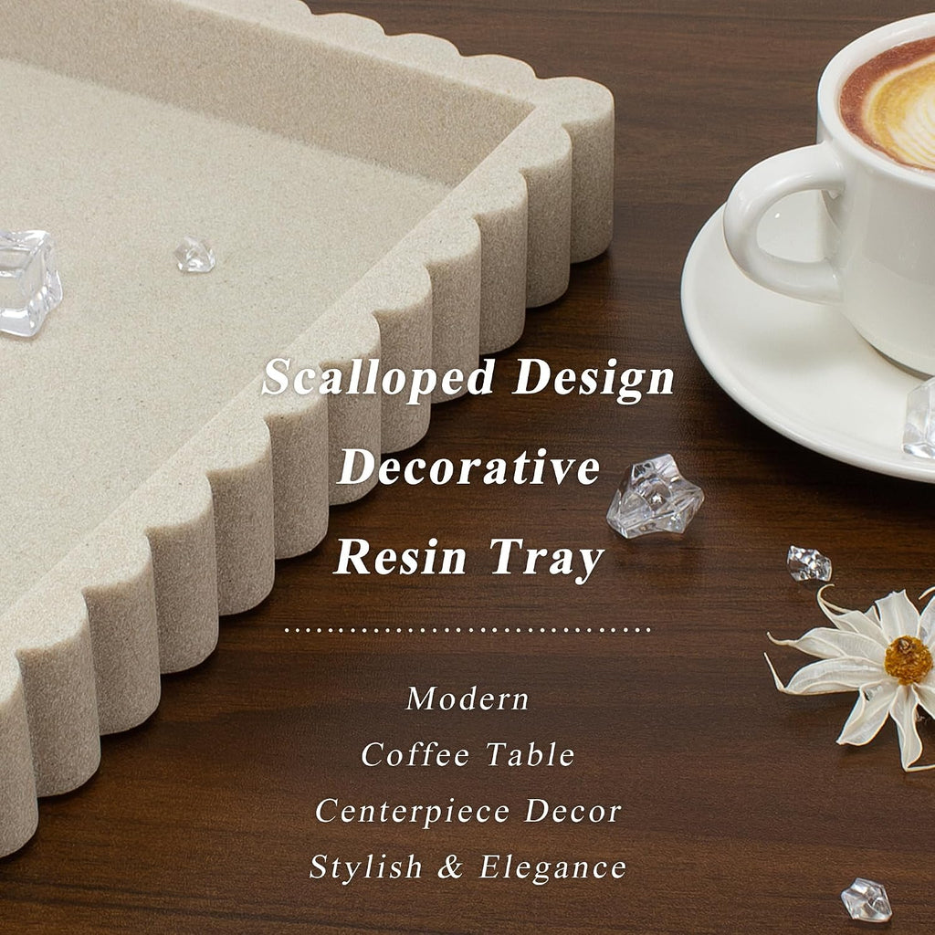 Decorative Tray for Coffee Table, Modern Tray Decor, 14" Beige Resin | Scalloped Coffee Table Tray Decor. Large
