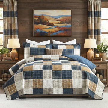 100% Cotton Quilt Set, Rustic Farmhouse Plaid, Blue/Khaki