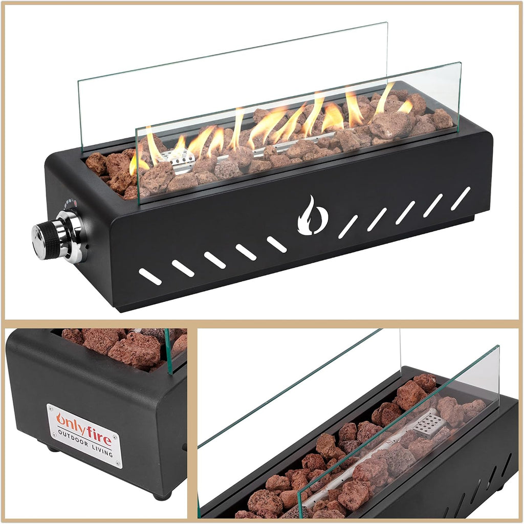 18 Inch Table Top Propane Fire Pit, Rectangular Tabletop Firepit with Lava Rocks, Glass Shield & 6.8 ft Hose