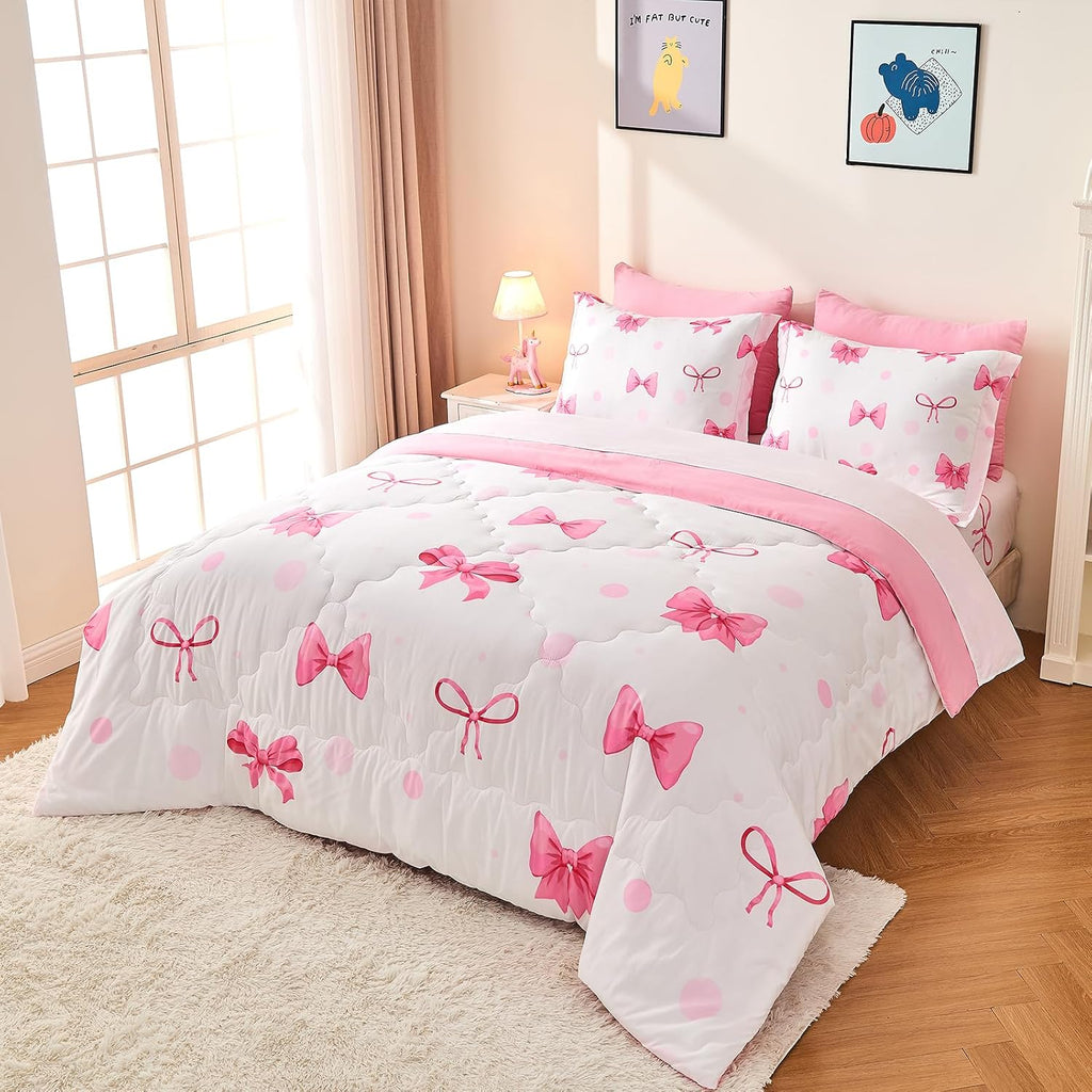 7 Piece Pink Bow Bedding Set for Girls Kids Comforter Set with Sheet and 2 Pillowcases 2 Pillow Shams Cute Girls