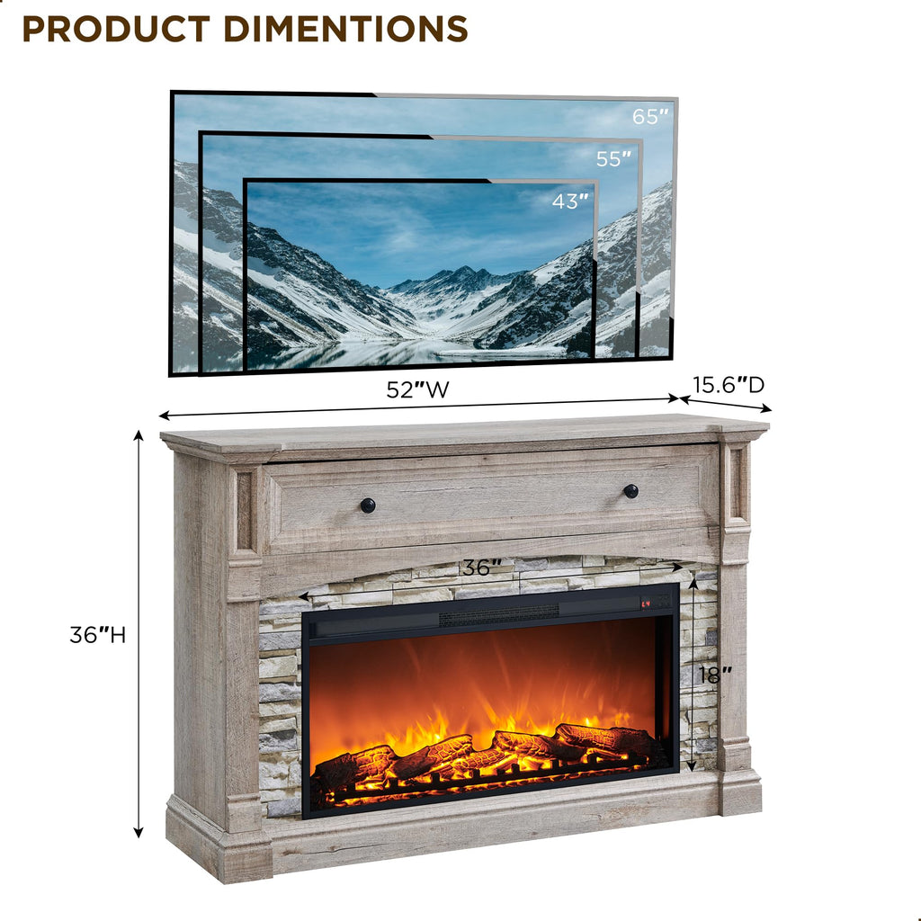 52" Electric Fireplace TV Stand with Mantel, Light Rustic Oak