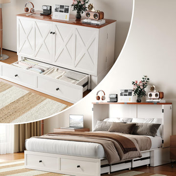 Murphy Bed Queen with Tri-Folding Mattress, X-Frame Cabinet Bed with Charging Station and Storage