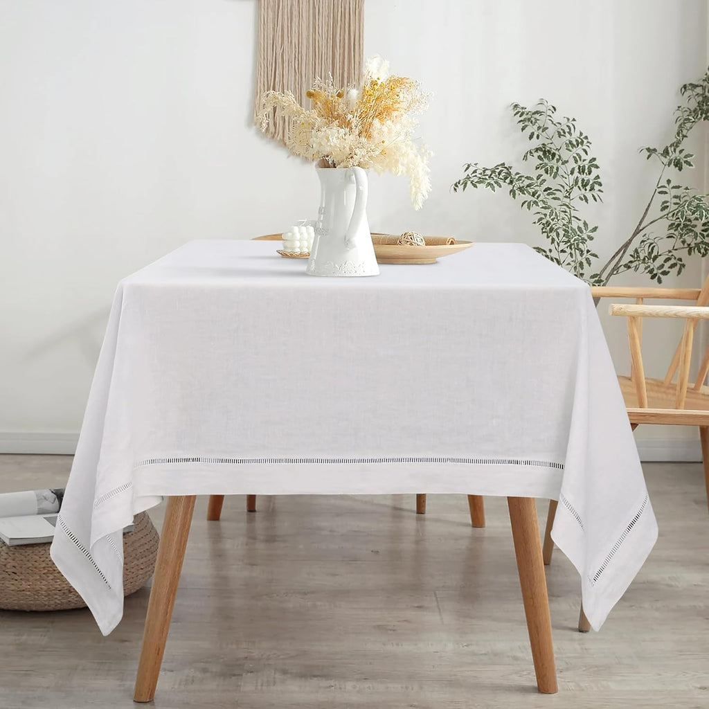 Linen World Hemstitch Linen Tablecloth,French Linen White Tablecloth 90" x 60" Inch,Washable Rectang