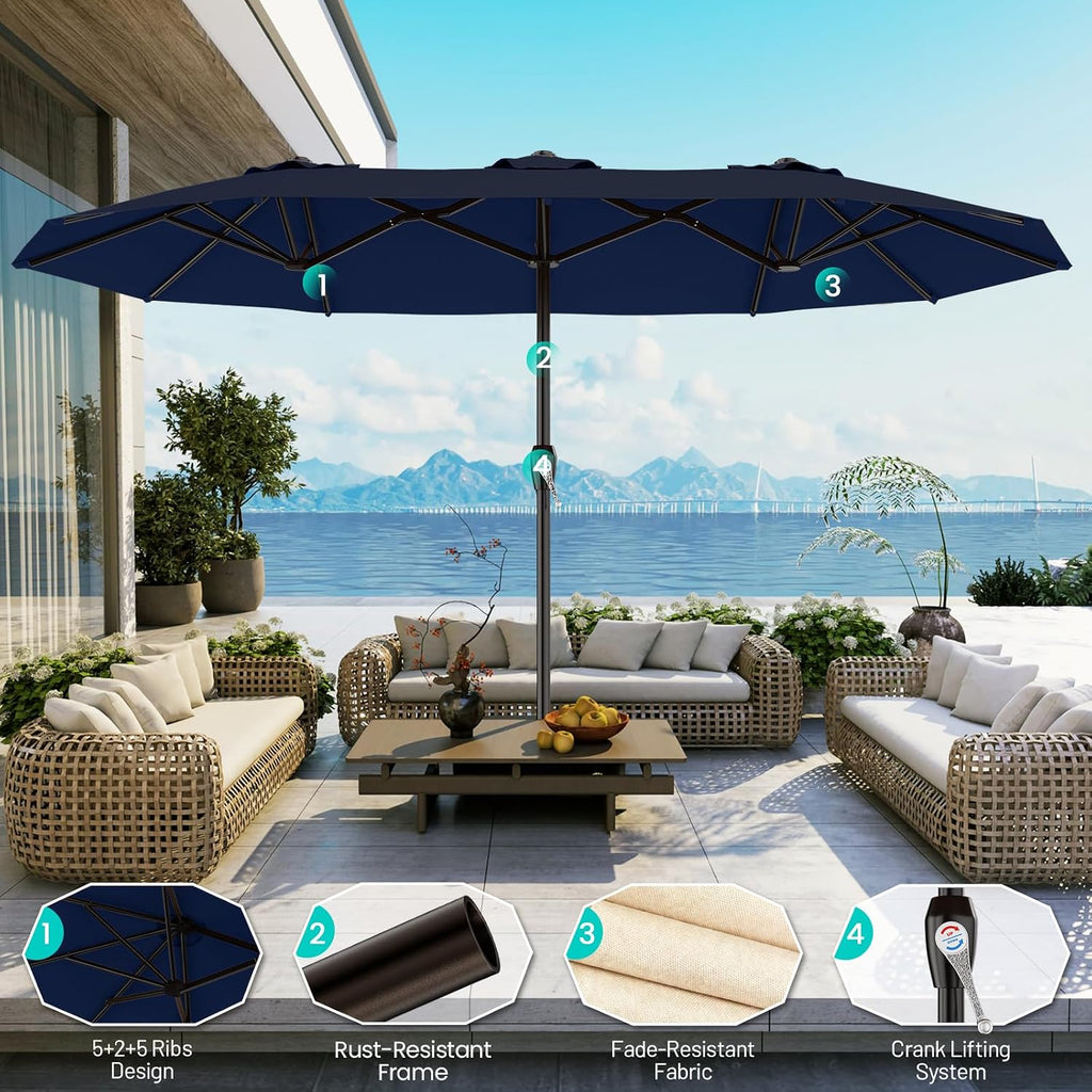 15FT Outdoor Patio Umbrella with Crank, Large Rectangular Market Umbrella