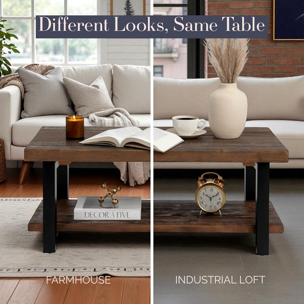 Pomona Living Room Collection - 42 Inch Rectangular Solid Wood Coffee Table with Storage Shelf & Metal Legs