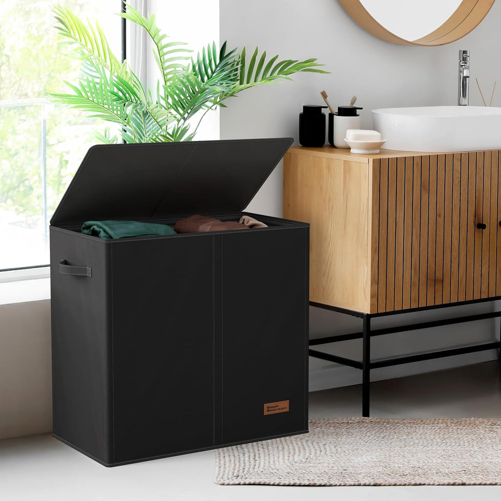 Double Laundry Hamper with Lid & Removable Bags, Black | Heavy Duty 600D Polyester, Water-Resistant Surface