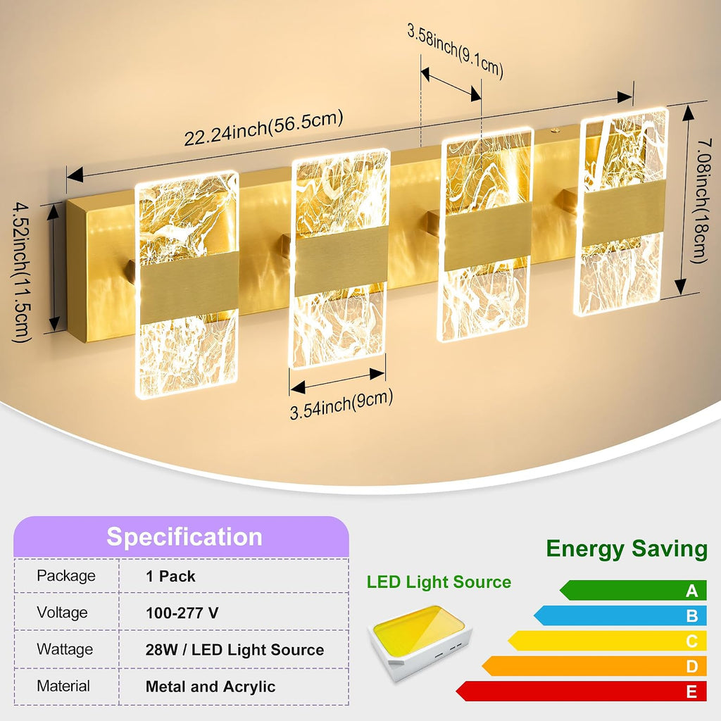 Modern LED Bathroom Light Fixtures Dimmable 4-Light Gold Vanity Light | 5CCT Adjustable Lighting Fixture Vanity