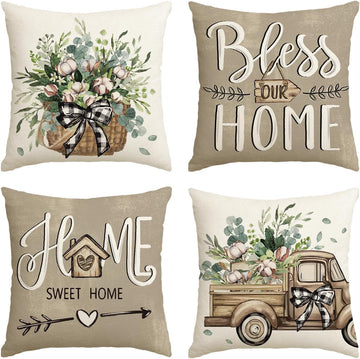 Bless Our Home Farmhouse Eucalyptus Leaves Throw Pillow Covers, 18 x 18 Inch Truck Home Sweet Home Cushion Case