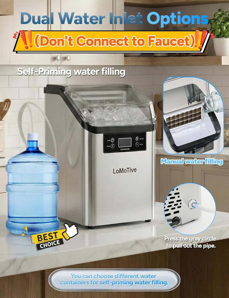 Countertop Ice Maker, 45Lbs/Day Clear Ice Cube Maker with Self-Priming Water Supply, 24 Cubes Ready in 13 Mins, 6 Ice