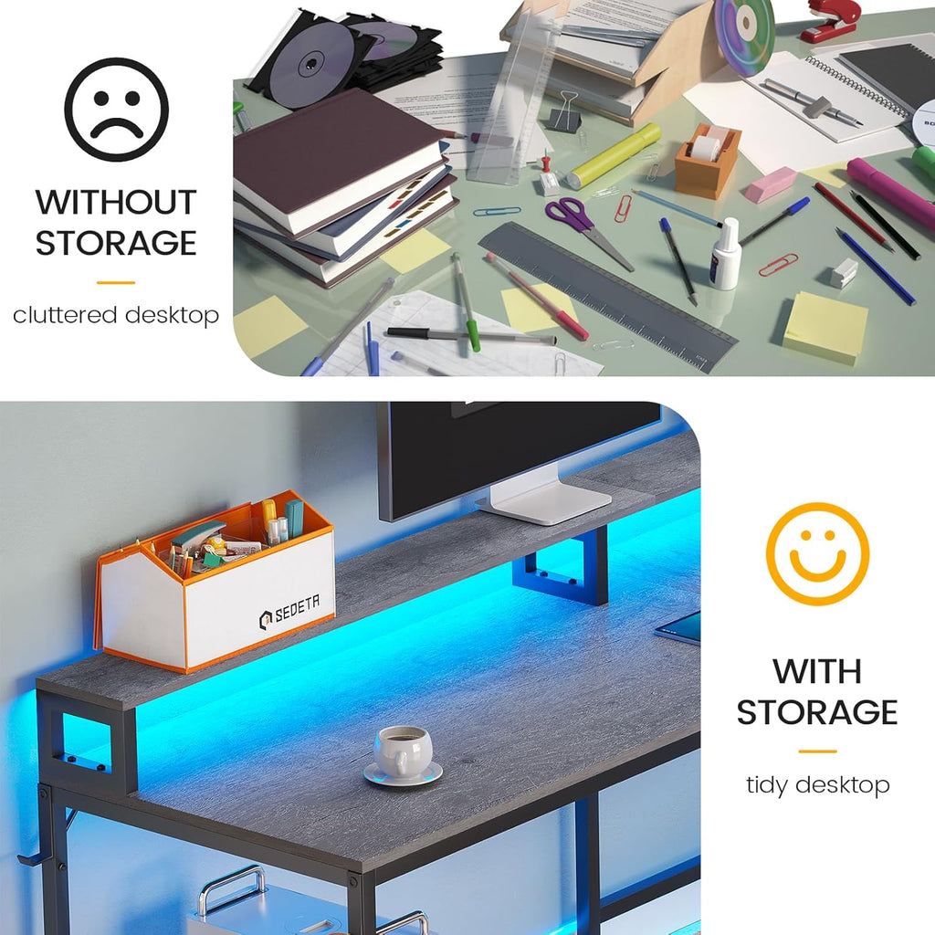 L Shaped Desk, 66" Home Office Desk with Wood File Drawer & Power Outlet, Gaming Desk with Led Lights