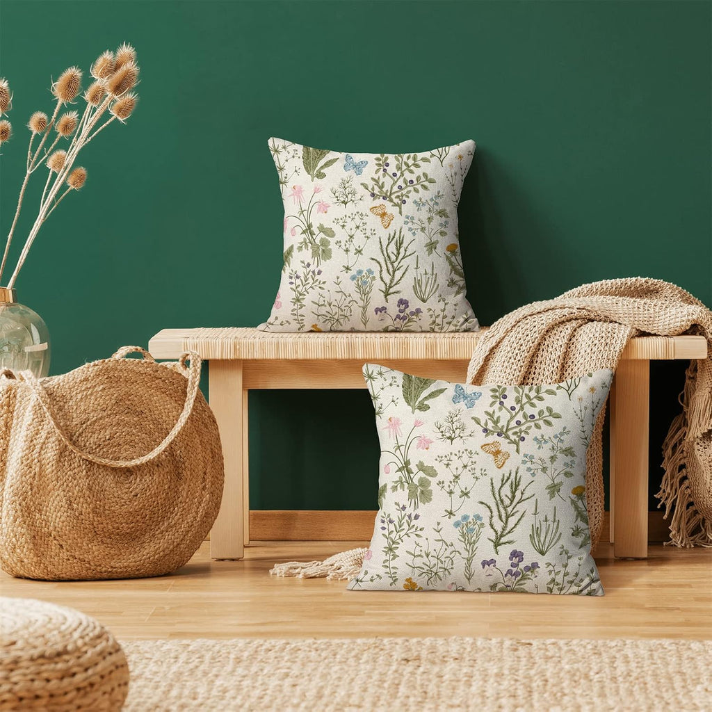 Spring Pillow Covers 18x18 Inch Set of 2,Sage Green Wild Flower Plant Throw Pillows Case,Seasonal Floral Outdoor