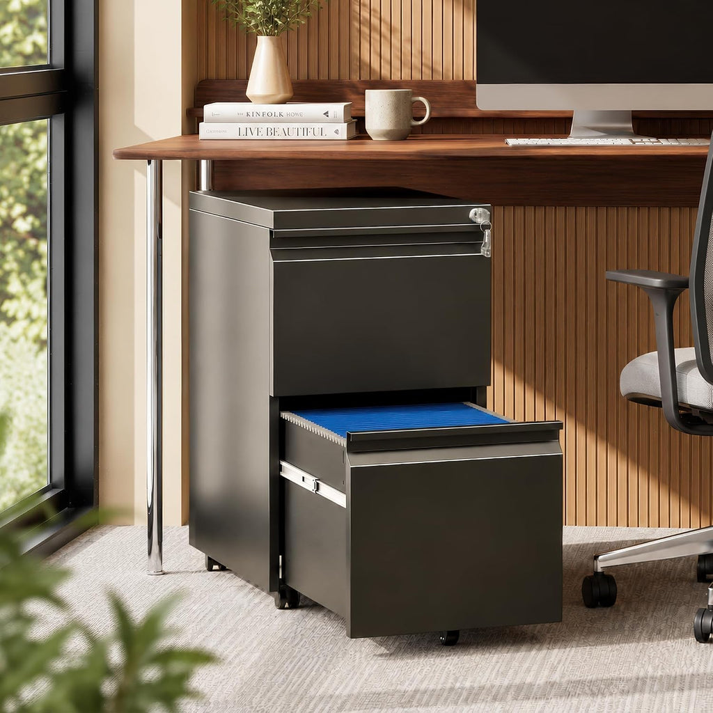 Fully Assembled 2 Drawer Mobile File Cabinet with Lock | Under Desk Metal Filing Cabinet , Rolling Storage for