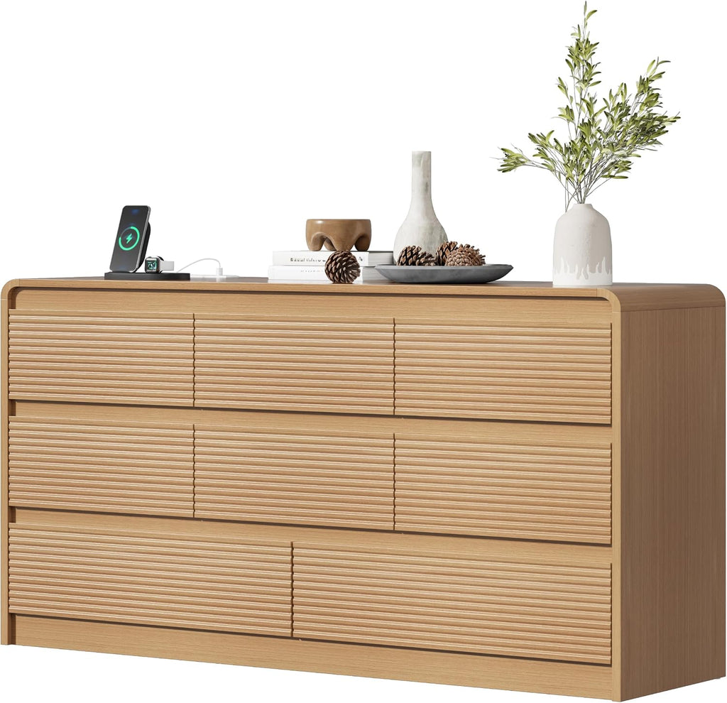 8 Drawer Dresser , 55.12" Chest of Drawers with Charging Station, Long Wood Dresser with Fluted Design & Curved