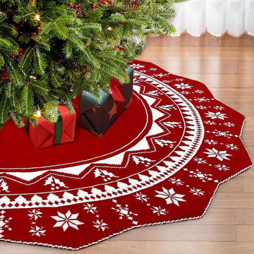 Christmas Tree Skirt 60 Inch, Knit Red Tree Skirt with Poinsettia Pattern, Rustic Double-Sided Large Knitted Xmas