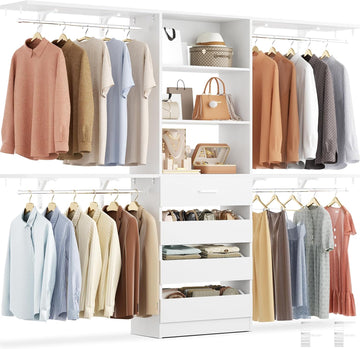 Closet System with 4 Drawers, 8FT Wood Closet Organizer System, 96'' Closets Built In System Tower with Shelves