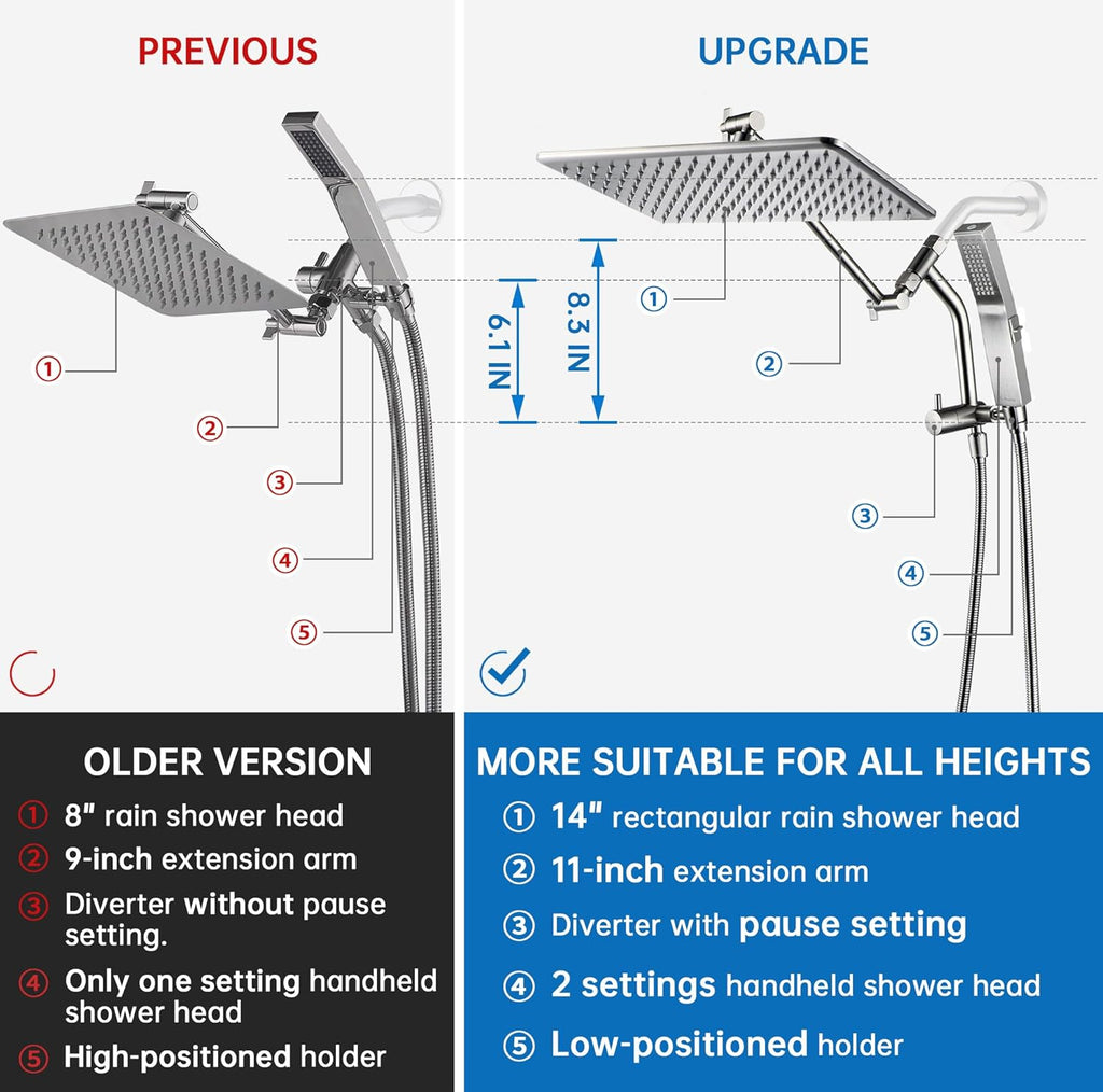 All Metal 14 Inches Rain Shower Head with Handheld Built-in Power Wash Mode, 3-way Diverter with Pause Setting