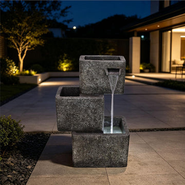 27.6" H Outdoor Modern Water Fountain, Floor Standing Indoor Waterfall Fountain, Outdoor Water Fountain with Lights