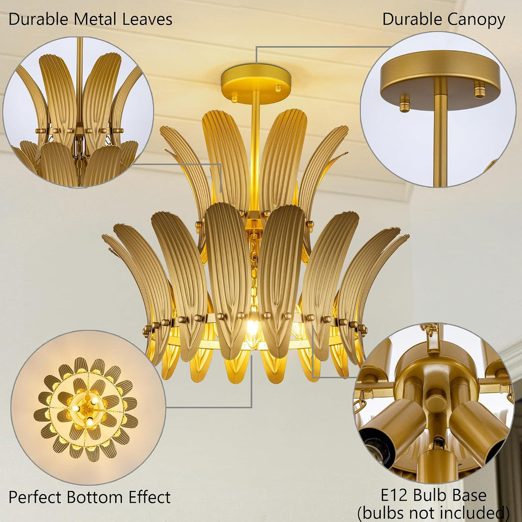 Gold Flush Mount Ceiling Light Fixture, 5 Lights Farmhouse Leaf Chandelier for Dining Room, Modern Semi Flush Ceiling