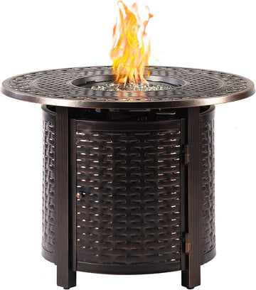 Round 34 in. x 34 in. Aluminum Propane Fire Pit Table with Glass Beads, Two Covers, Lid, 37,000 BTUs in Copper Finish