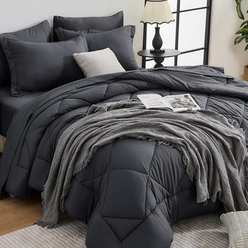7 Pieces Comforter Set, All Season Reversible Bed in a Bag, Ultra Soft Bedding Set with Grey Comforter