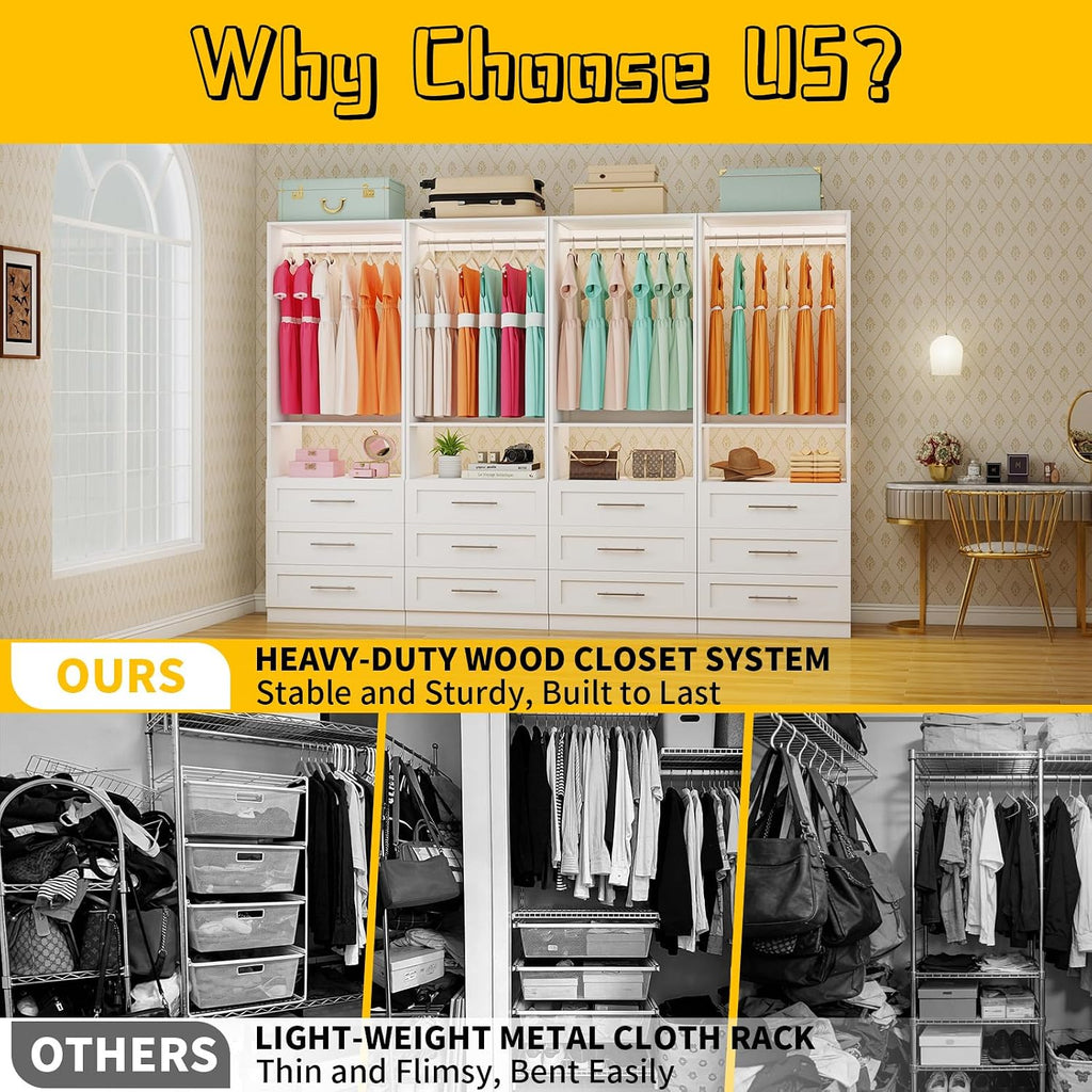 Closet System with 9 Drawers, 6-15FT Closet Systems for Walk in Closets with 6 Expandable Rods & 3 Shelves, Wood