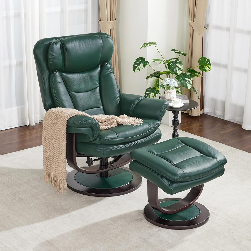 Modern Reclining Swivel Lounge Chair and Ottoman — Green Faux Leather