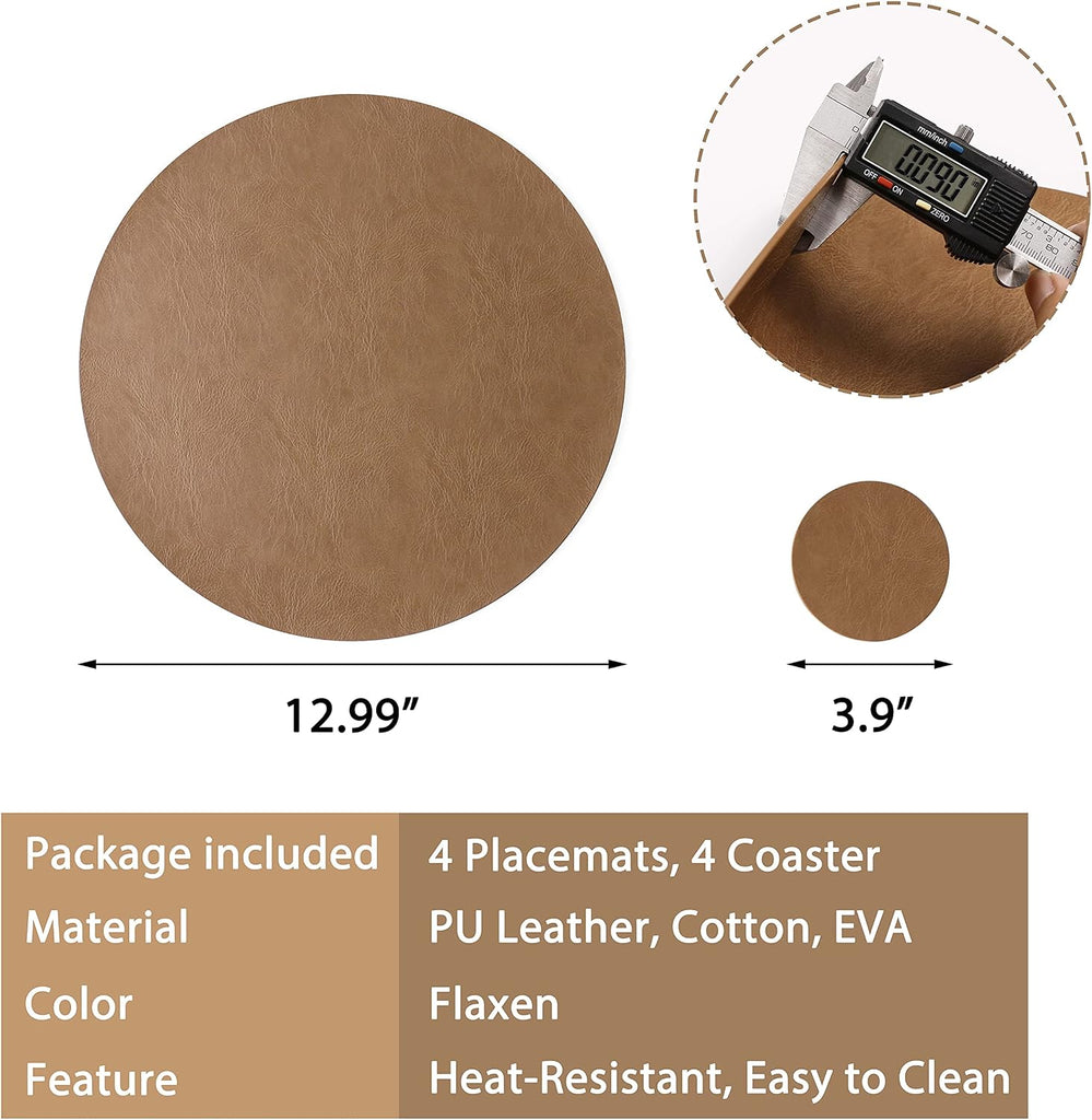 PU Leather Placemats, Waterproof Coffee Coasters, Kitchen Table Mats, Easy to Wipe Off for Dining Round Table - Set of 8