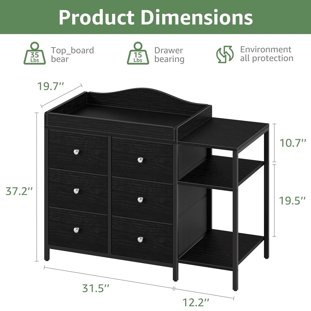 Baby Dresser with Changing Table Top, Black Changing Table Dresser with 6 Fabric Drawers Diaper Changing Station with