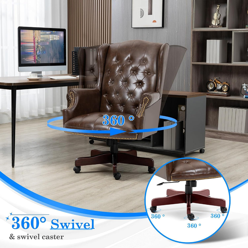 Big and Tall Executive, Ergonomic 360° Swivel Recliner Chair, Retro Brown Faux Leather Home Office Desk Chairs