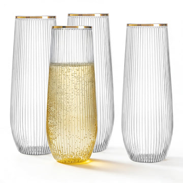 36PACK 9oz Stemless Clear Plastic Champagne Flutes with Gold Rim