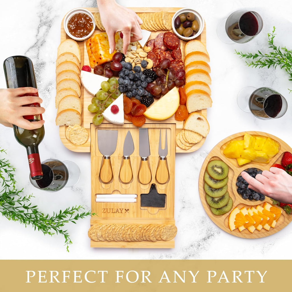 Premium Bamboo Charcuterie Board - Extra Thick Bamboo Board with 4 Piece Knife Set - Perfect for Charcuterie, Wine
