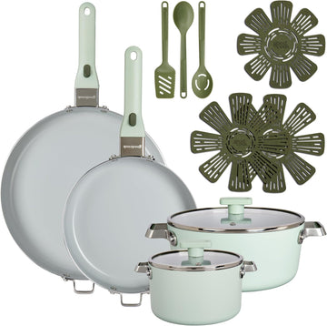 Ceramic Cookware Set 14-Piece with Removable Handles, Nonstick Pots & Pans, Induction & Oven Safe, Sage Green