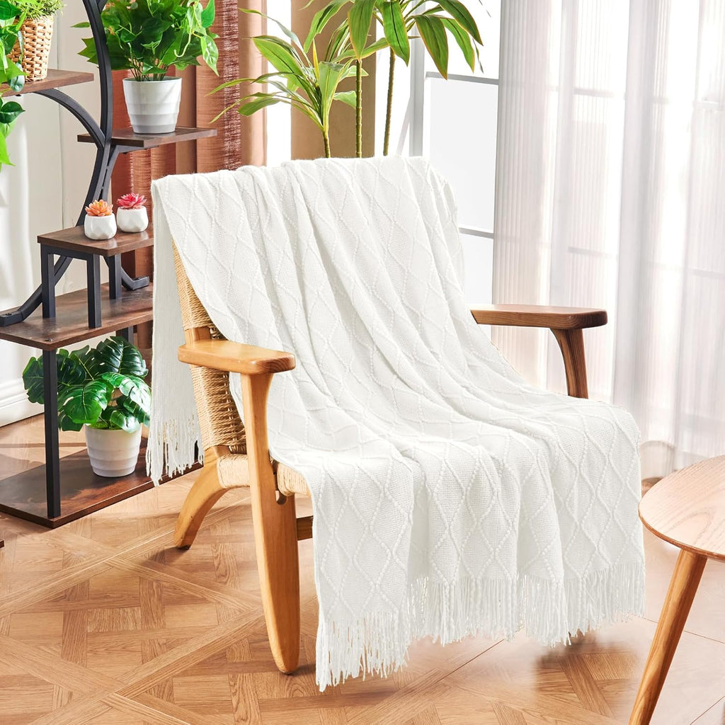 Knitted Throw Blanket, Soft Living Room Home Decor Knitted Blanket with Tassel, Outdoor Lightweight Breathable Summer
