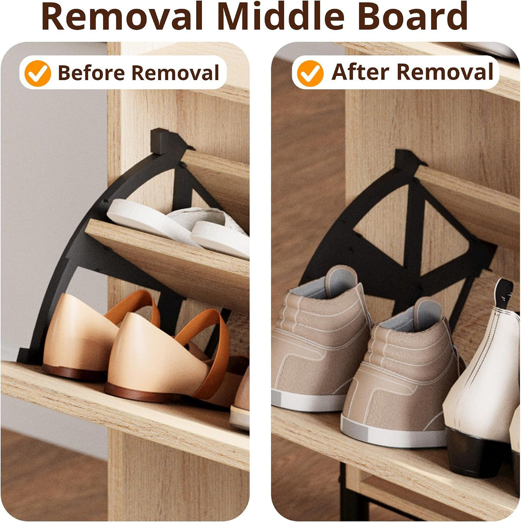 Shoe Cabinet Storage with 2 Flip Drawers, Free Standing Wooden Shoe Storage Organizer Cabinet with Rattan Doors