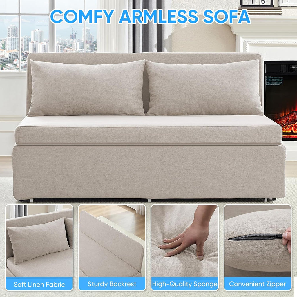 64" Queen Pull Out Sofa Bed, Linen Convertible Couch Bed with Tri-Fold Hidden Mattress, No-Tool Assembly, Space