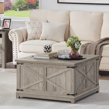 Farmhouse Coffee Table with Hidden Storage Organizer, Modern Square Large Center Table, Wood Farm House Low Rustic