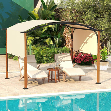 Arched Patio Shelter Pavilion with Retractable Sun Shade Canopy, Extra Large Outdoor Pergola for Deck, Porch, Garden