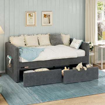 Twin Daybed with Storage Drawers, Corduroy Upholstered, Grey