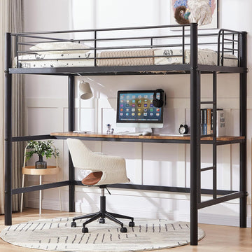 Metal Loft Bed Twin with Desk, Heavy Duty Bedframe with Removable Ladder and Safety Guardrail, Space-Saving