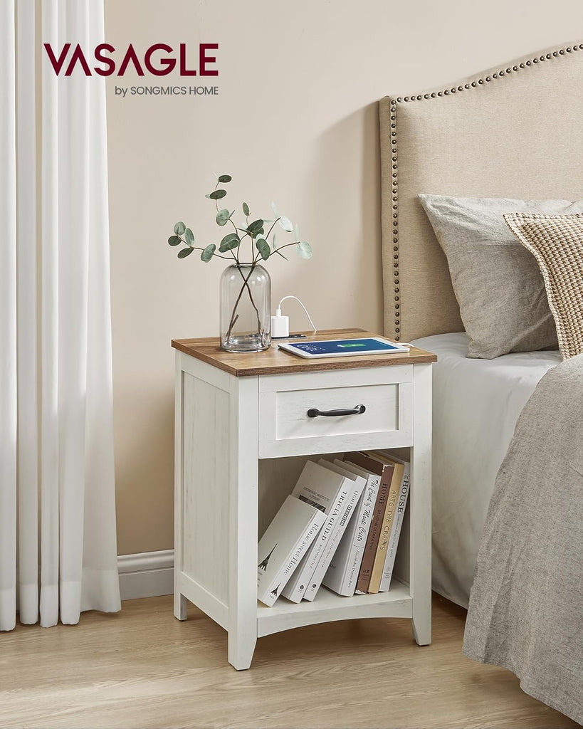 Farmhouse Nightstands with Charging Station, Set of 2 Bedside Tables, Side Tables with Drawer, Open