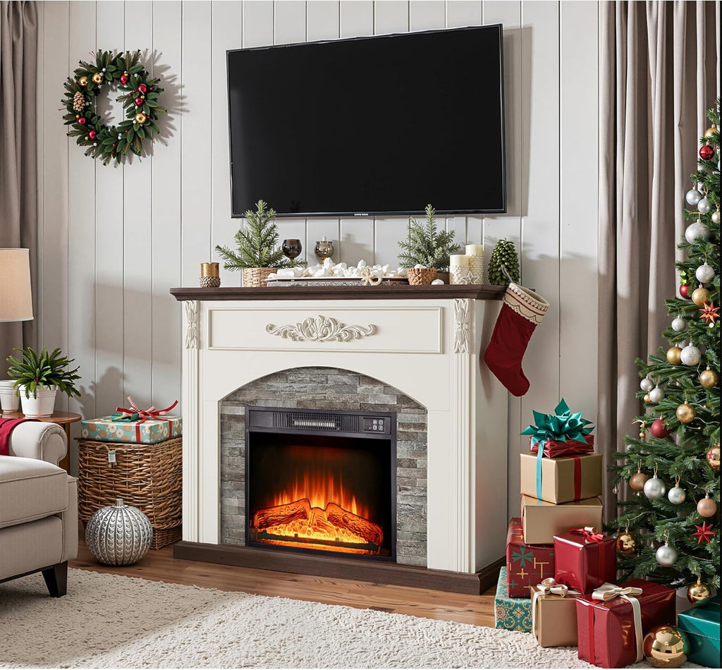 44Inch Electric Fireplace with Mantel, Farmhouse TV Stand with Electric Fire Place Heater, Stacked Stone