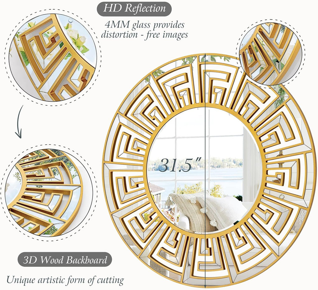 31.5"x31.5" Gold Round Mirror with Decorative Geometric Pattern, Accent Wall Mounted Mirror for Modern Living Room