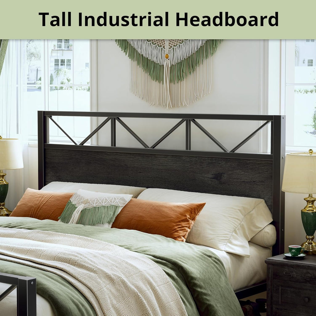 King Bed Frame, Tall Industrial Headboard 51.2 ", Platform Bed Frame with Strong Metal Support, Solid and Stable