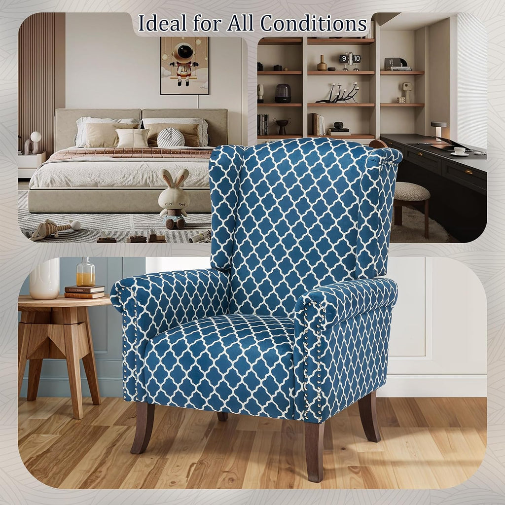Modern Accent Chair, Comfy Wingback Armchair Blue Plaid Club Chair with Wooden Legs , or Balcony