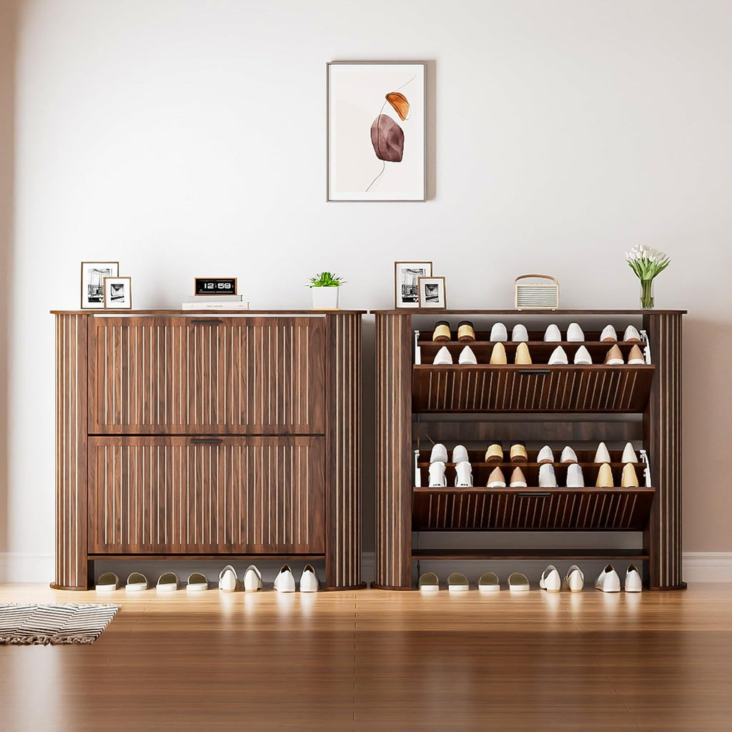 Narrow Shoe Storage Cabinet , Slim Fluted Shoe Cabinet with 2 Flip Drawers, Wood Hidden Shoe Rack Organizer for Entry