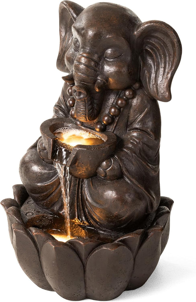 Outdoor Fountains, Water Fountains Outdoor with Lights&Pump, 21.75" H 2-Tiered Zen-Style Bronze Polyresin Elephant
