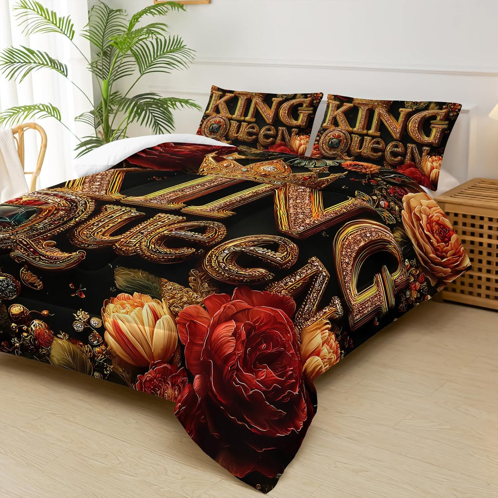 King and Queen Comforter Set Black and Gold，King and Queen Bedding Set，Red Floral Quilt Set，with 1 Comforter