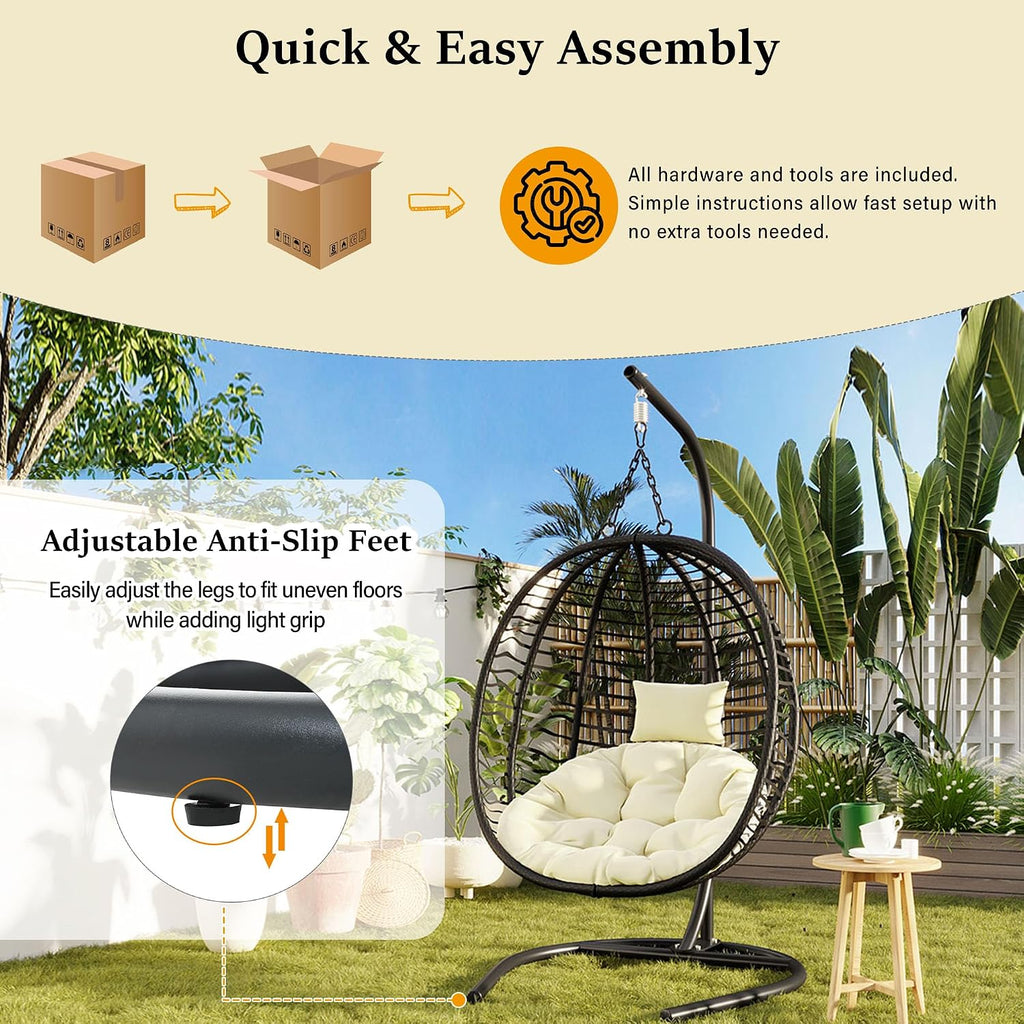 Indoor Outdoor Egg Chair with Stand, Foldable Egg Swing Chairs with Comfy Cushion/Removable Headrest/Adjustable Feet