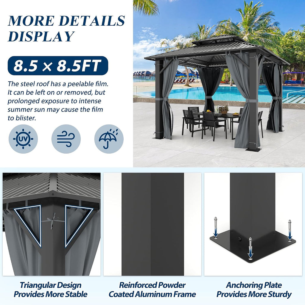 8.5' x 8.5' Outdoor Hardtop Gazebo - Aluminum Heavy-Duty Double Roof Vented Gazebo with Breathable Netting & Privacy