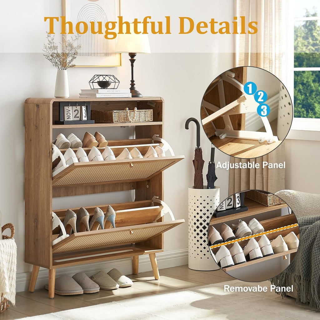 Rattan Shoe Cabinet with 2 Flip Drawers, 16 Pairs Narrow Shoe Storage Cabinet Freestanding Hidden Shoe Rack, Modern